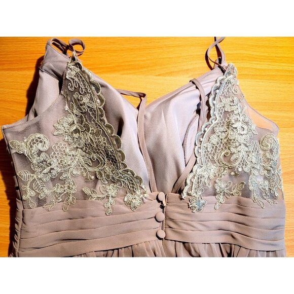 Azazie Bridesmaid Dress A10 Long Lace Pleated Romantic Taupe Chiffon Flowy Femme - Picture 12 of 16